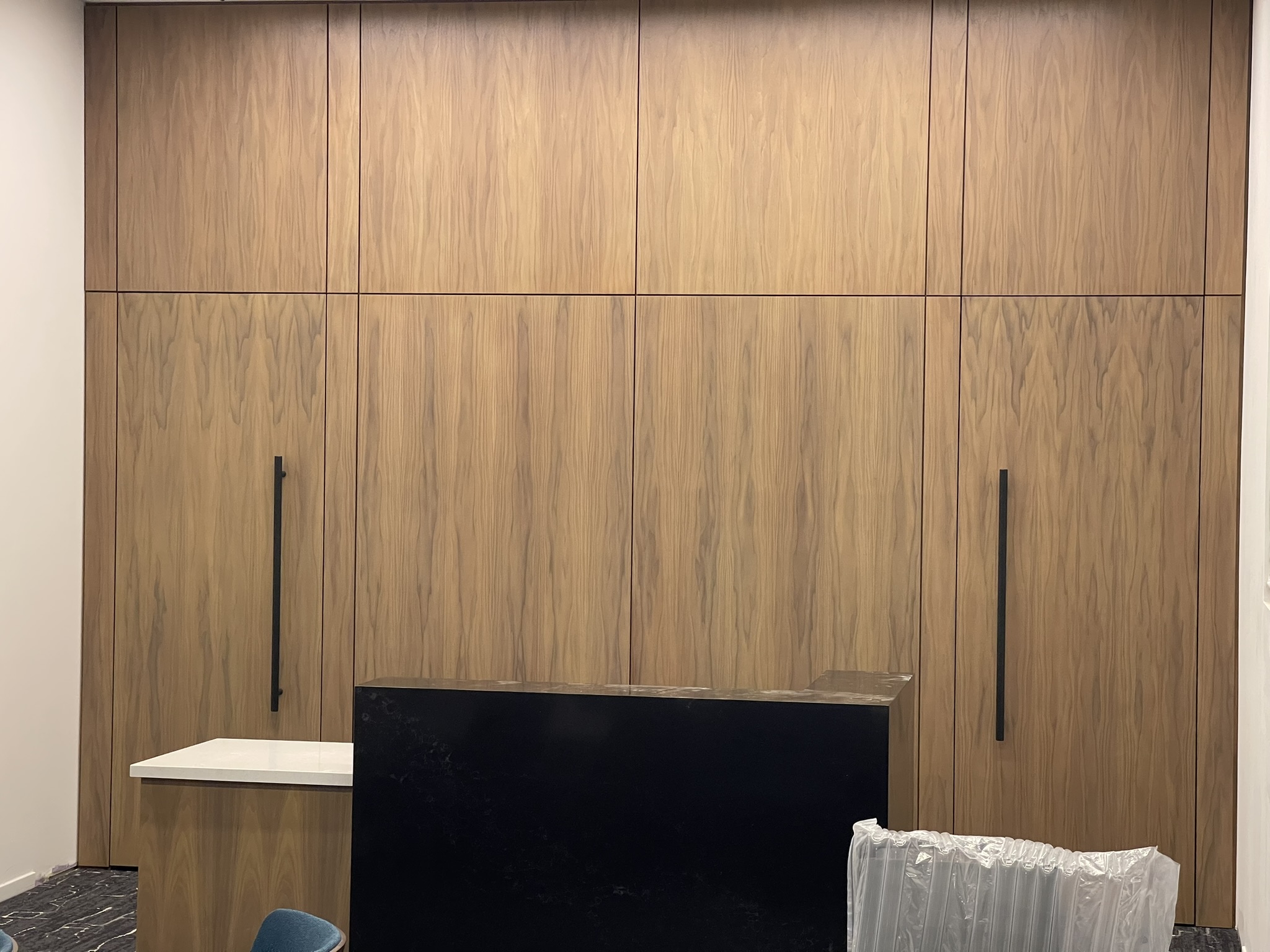 Commercial built-in wall cabinetry and door panel installation